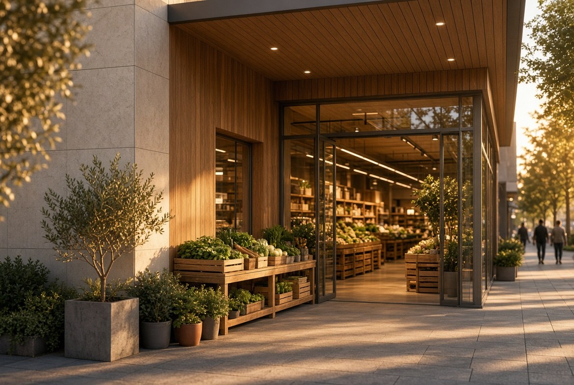 Warm supermarket entrance at golden hour